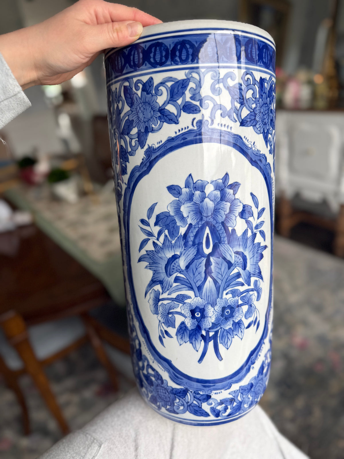 Blue and white chinoiserie umbrella stand