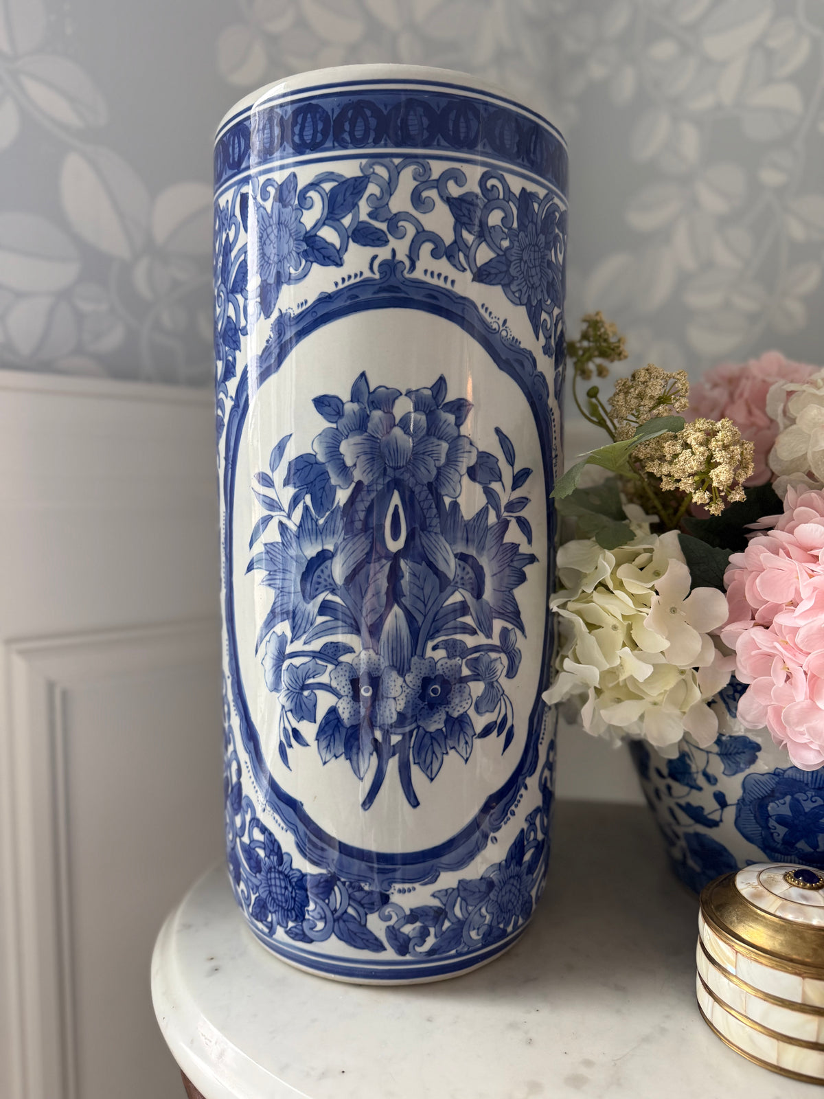 Blue and white chinoiserie umbrella stand