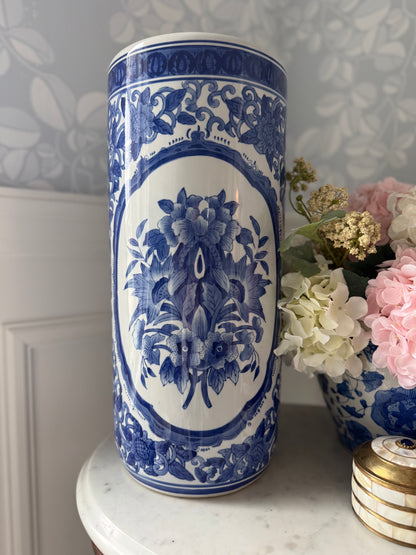 Blue and white chinoiserie umbrella stand