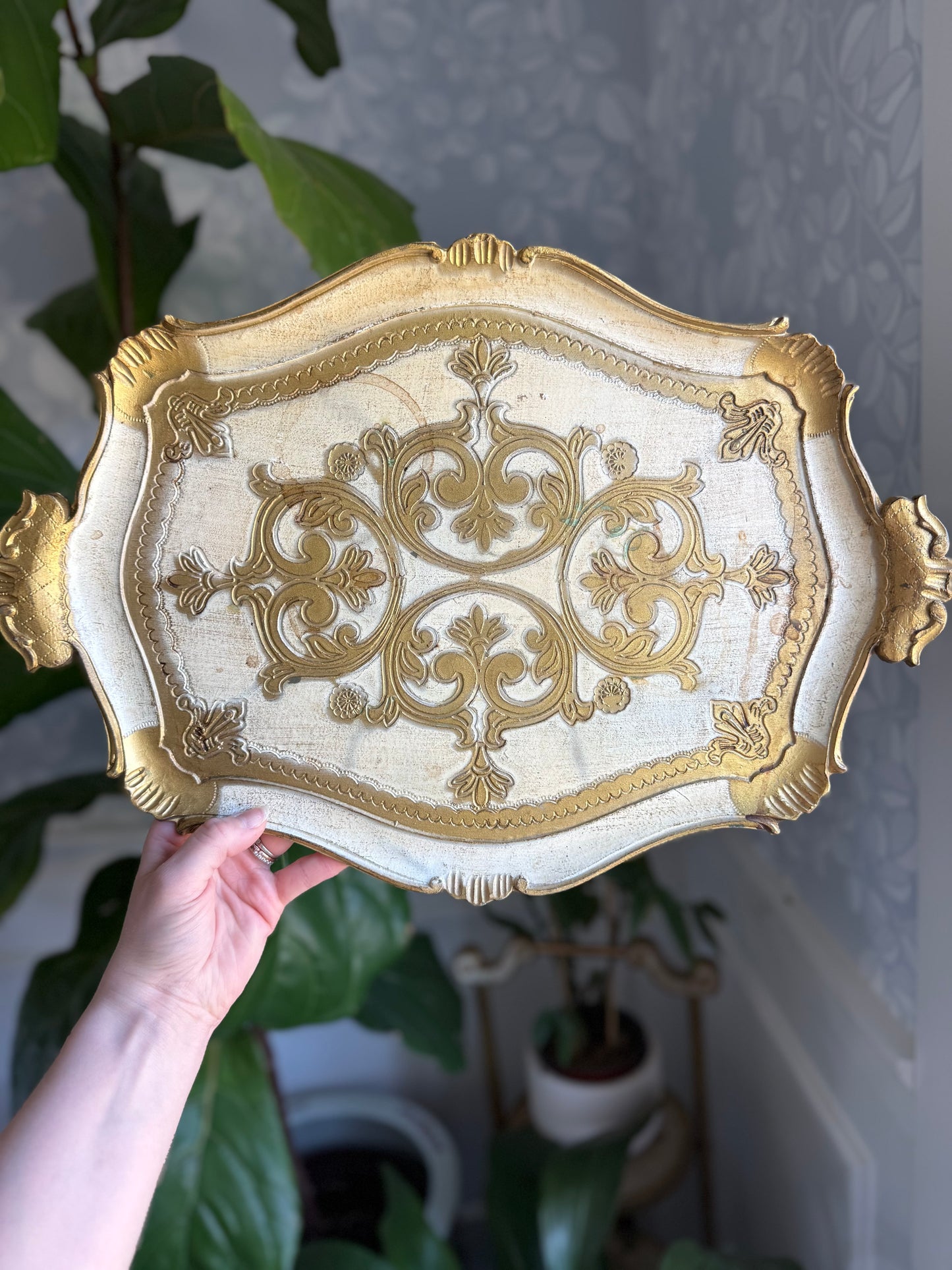 Cream Florentine Handled Tray