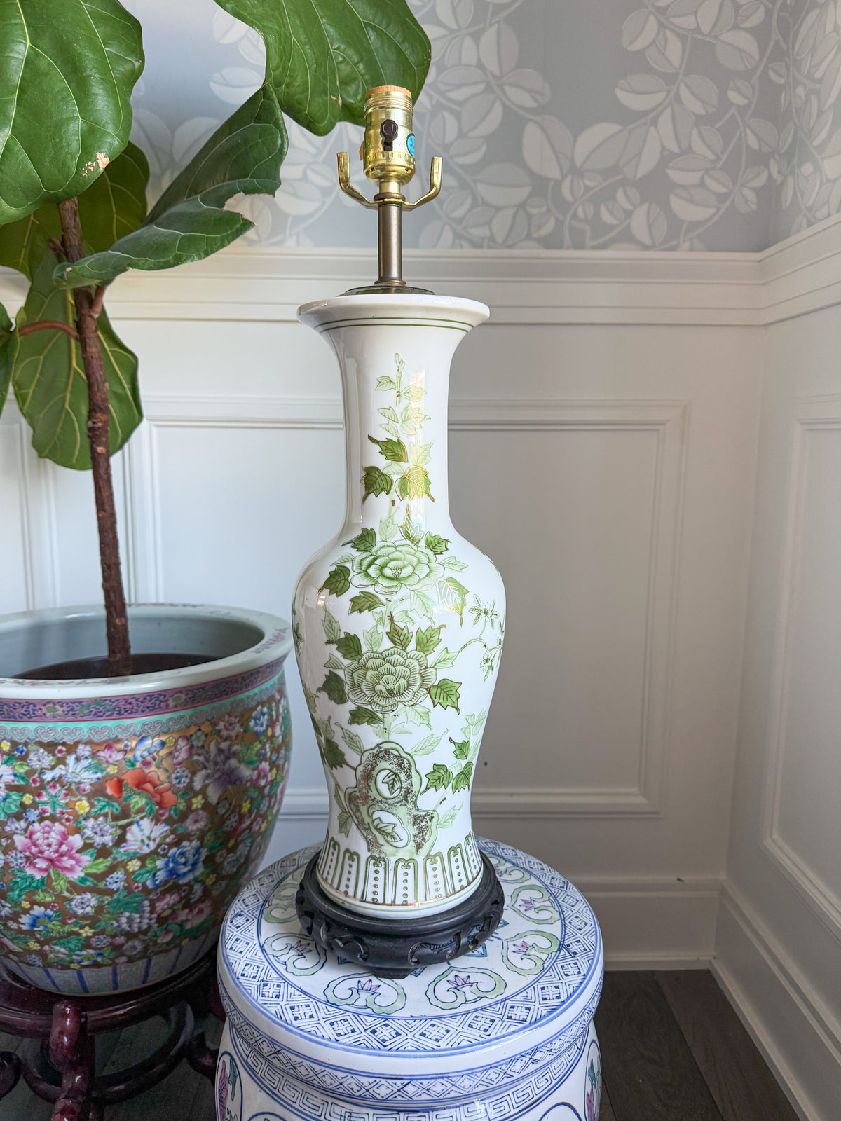 24” green and gold floral lamp