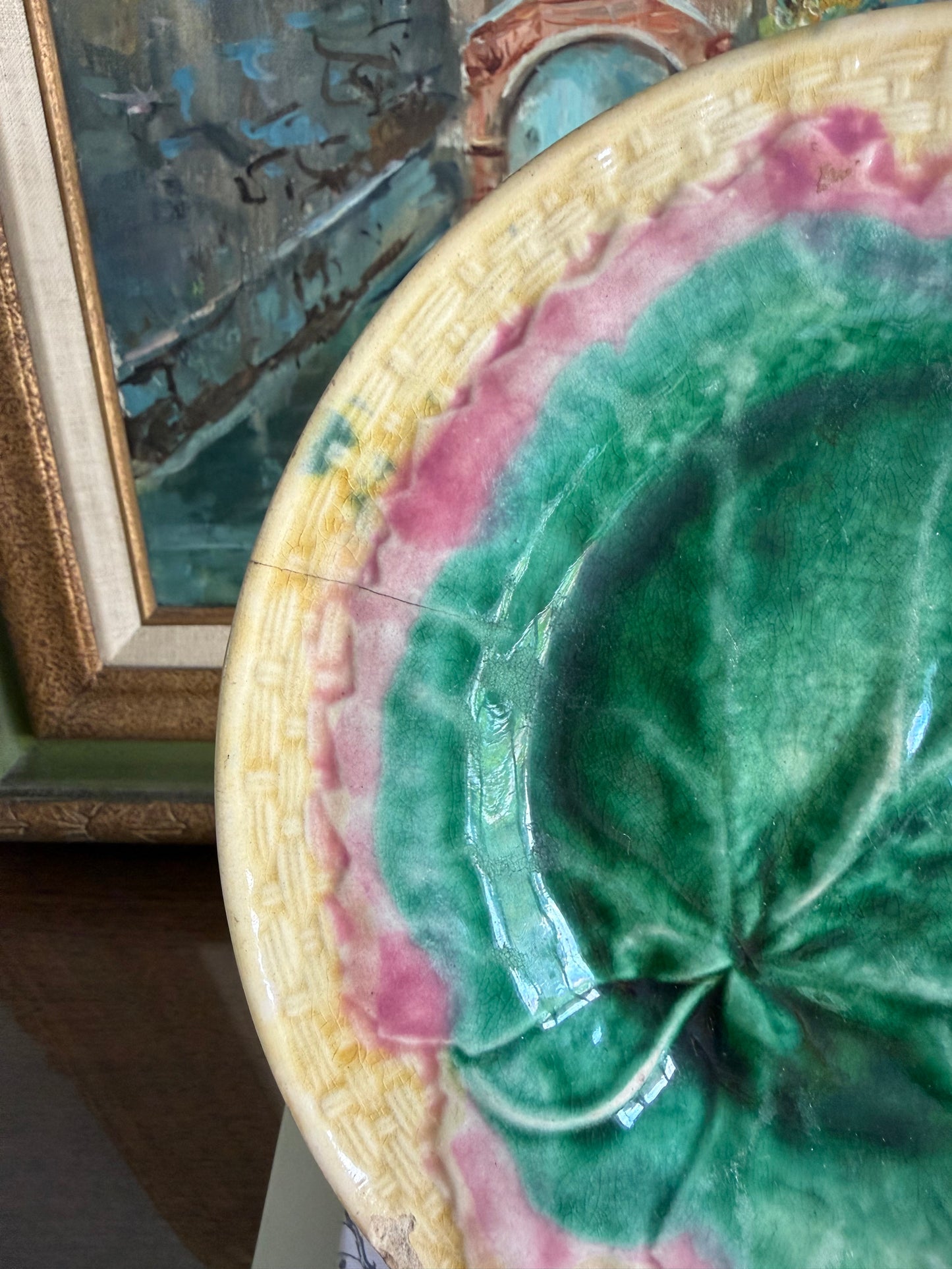 Antique Griften Smith and Etruscan Hill Majolica Maple Leaf Plate