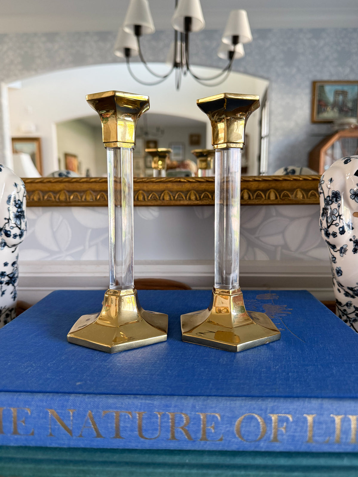 Lucite and Brass Candlesticks