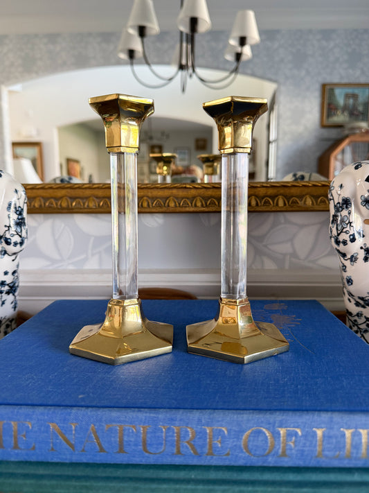 Lucite and Brass Candlesticks