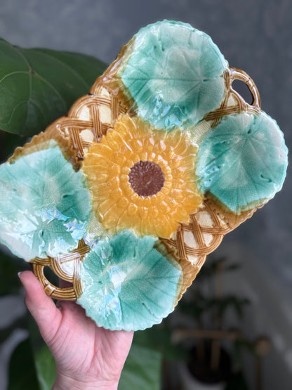 Antique Wedgwood Majolica Platter with Sunflower and Basket Pattern
