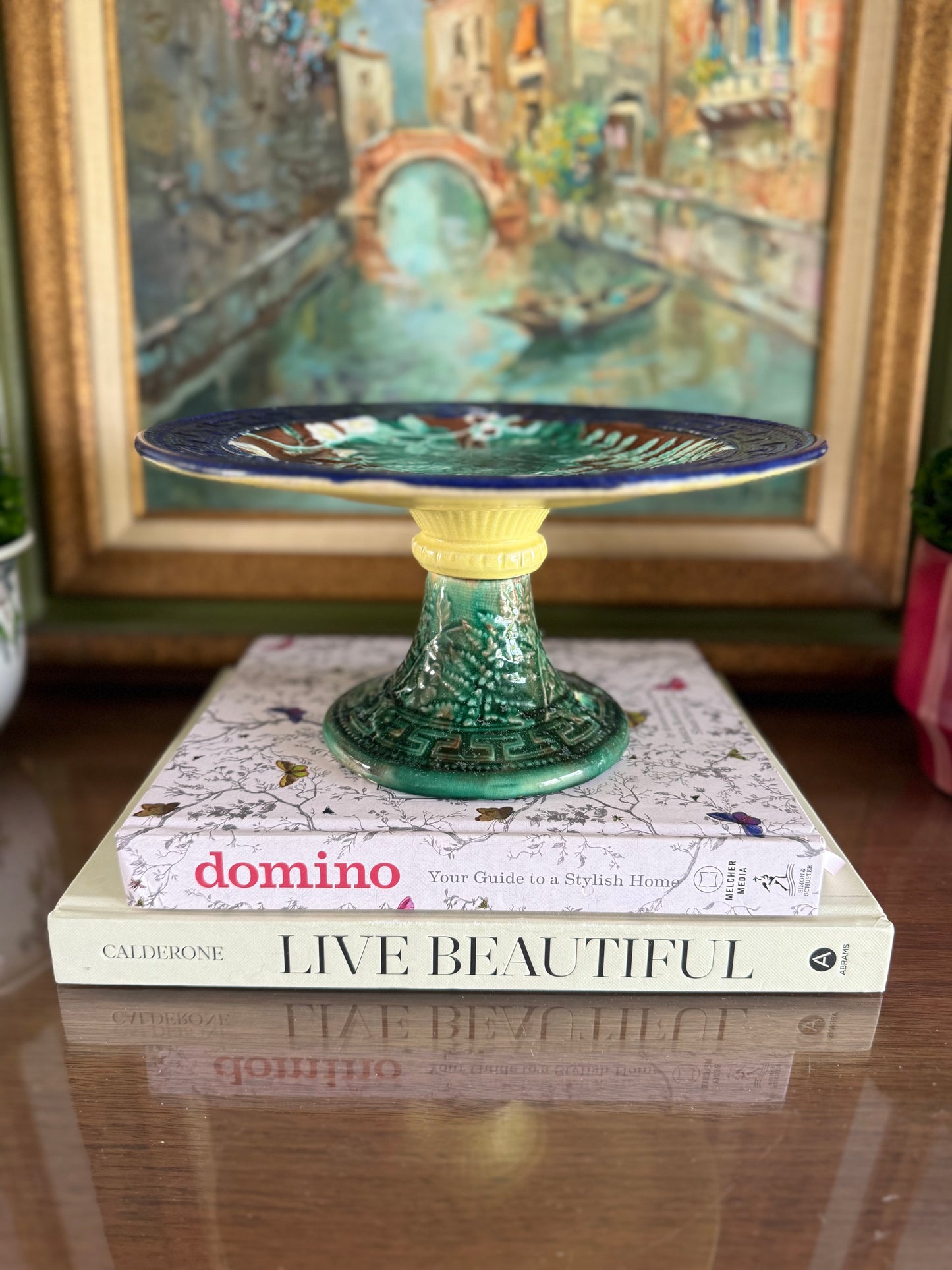 Vintage Fern Leaf Majolica Compote
