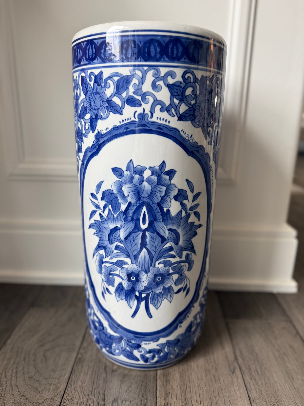 Blue and white chinoiserie umbrella stand
